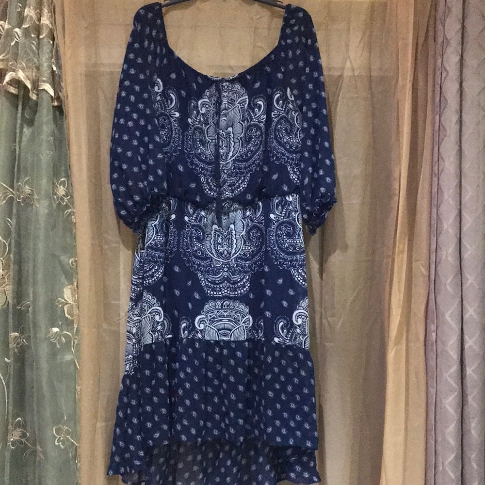 a.n.a. Dress L Hi Low Hemline Navy Blue White Boho 3/4 Sleeve Lined Midi size XL